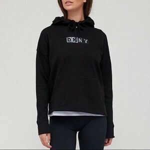 DKNY Sport Black Pigment Dyed Two Tone Logo Distressed Hoodie Women's Small NWT